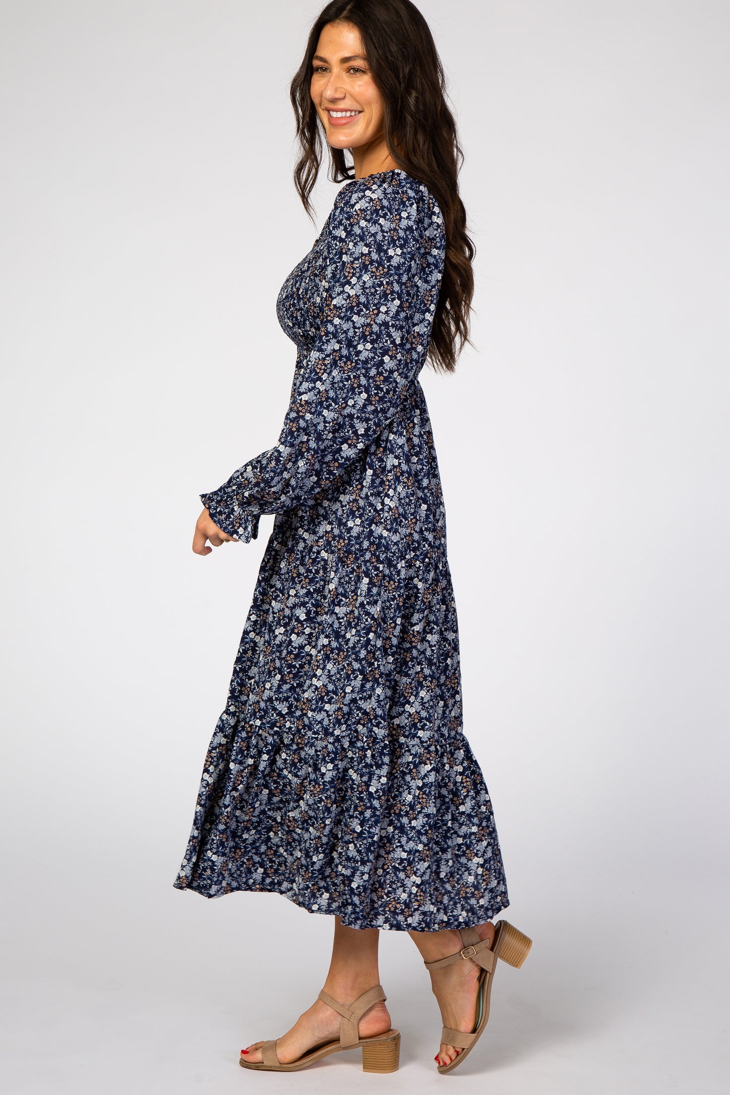 Navy Blue Floral Square Neck Smocked Maxi Dress – PinkBlush