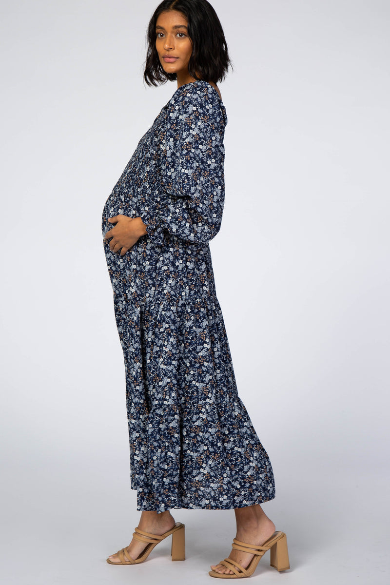 Navy Blue Floral Square Neck Smocked Maternity Maxi Dress – PinkBlush