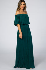Forest Green Pleated Ruffle Off Shoulder Maxi Dress