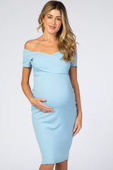 Turquoise  Solid Off Shoulder Maternity Fitted Dress