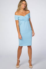 Turquoise  Solid Off Shoulder Fitted Dress