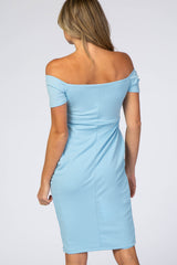 Turquoise  Solid Off Shoulder Fitted Dress