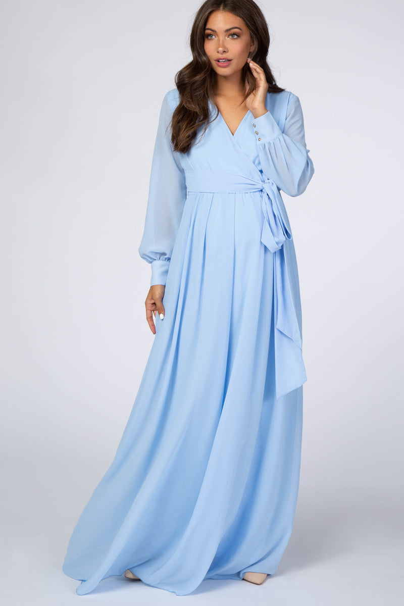 Light Blue Chiffon Long Sleeve Maternity Maxi Dress PinkBlush Light Blue Chiffon Long Sleeve Maternity Maxi Dress PinkBlush