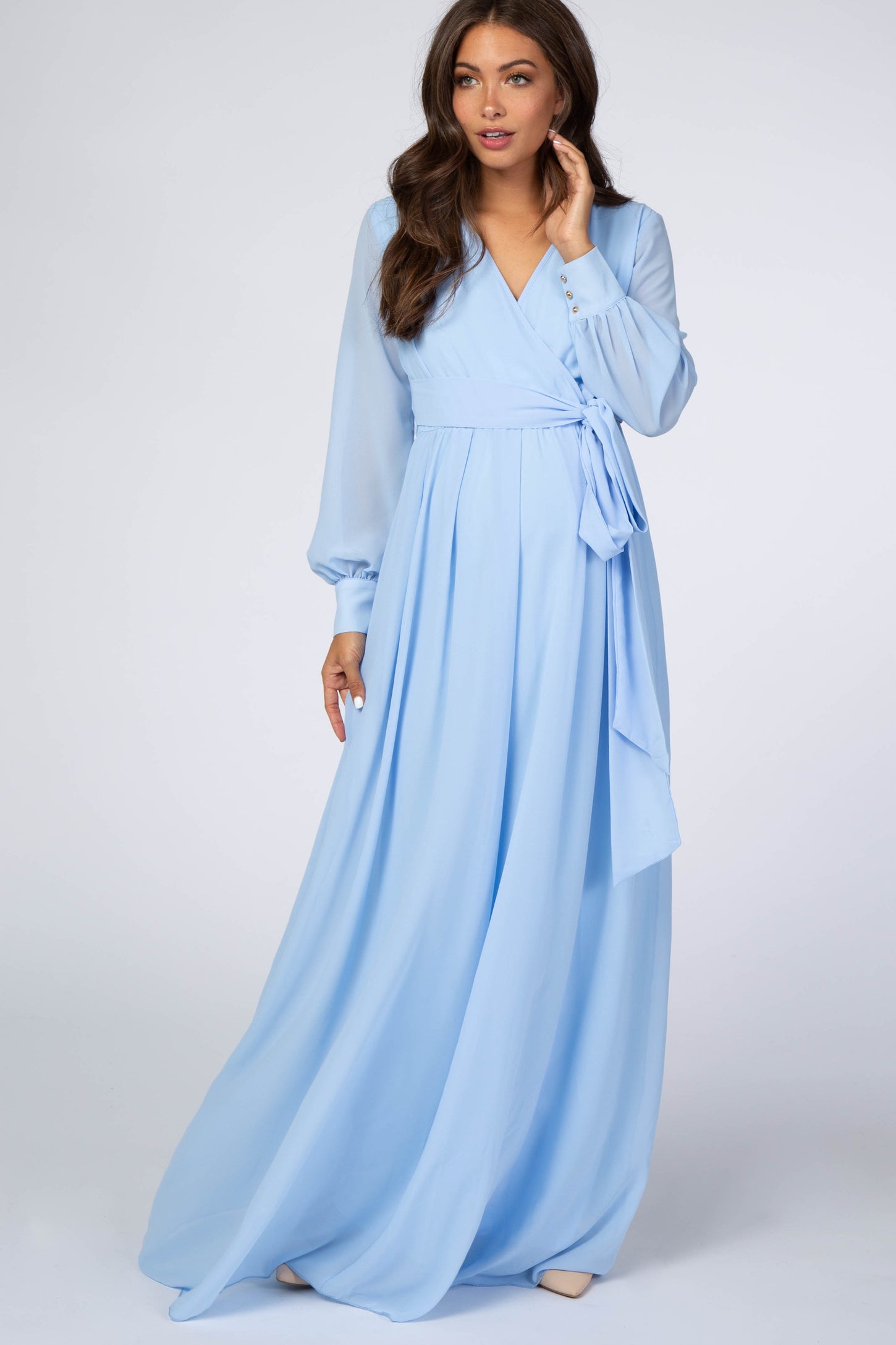 Light Blue Chiffon Long Sleeve Maternity Maxi Dress – PinkBlush