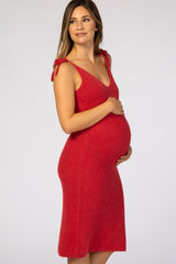 Red Fuzzy Knit Shoulder Tie Maternity Midi Dress