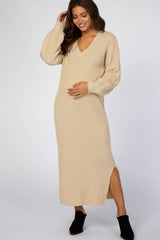 Beige V-Neck Ribbed Maternity Sweater Dress