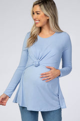 Light Blue Front Knot Long Sleeve Maternity Nursing Top