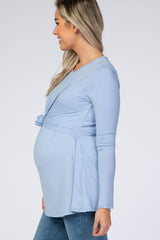 Light Blue Front Knot Long Sleeve Maternity Nursing Top