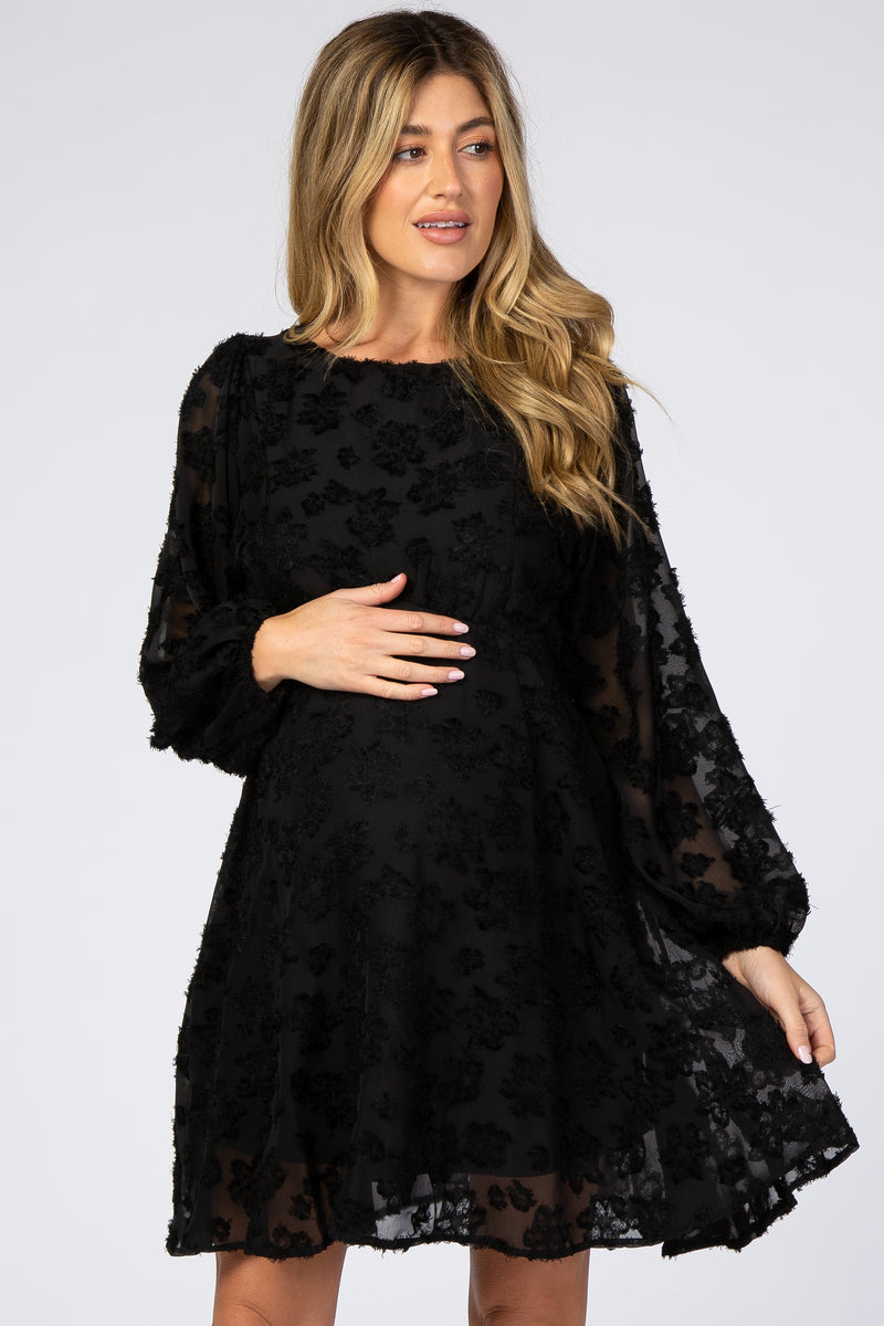 Black Chiffon Flocked Floral Maternity Dress– PinkBlush