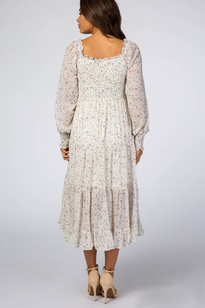 Ivory Floral Smocked Front Ruffle Hem Maternity Midi Dress– PinkBlush