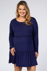 Navy Long Sleeve Tiered Maternity Plus Dress