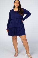 Navy Long Sleeve Tiered Maternity Plus Dress