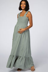 Green Ruffle Smocked Front Maternity Maxi Dress