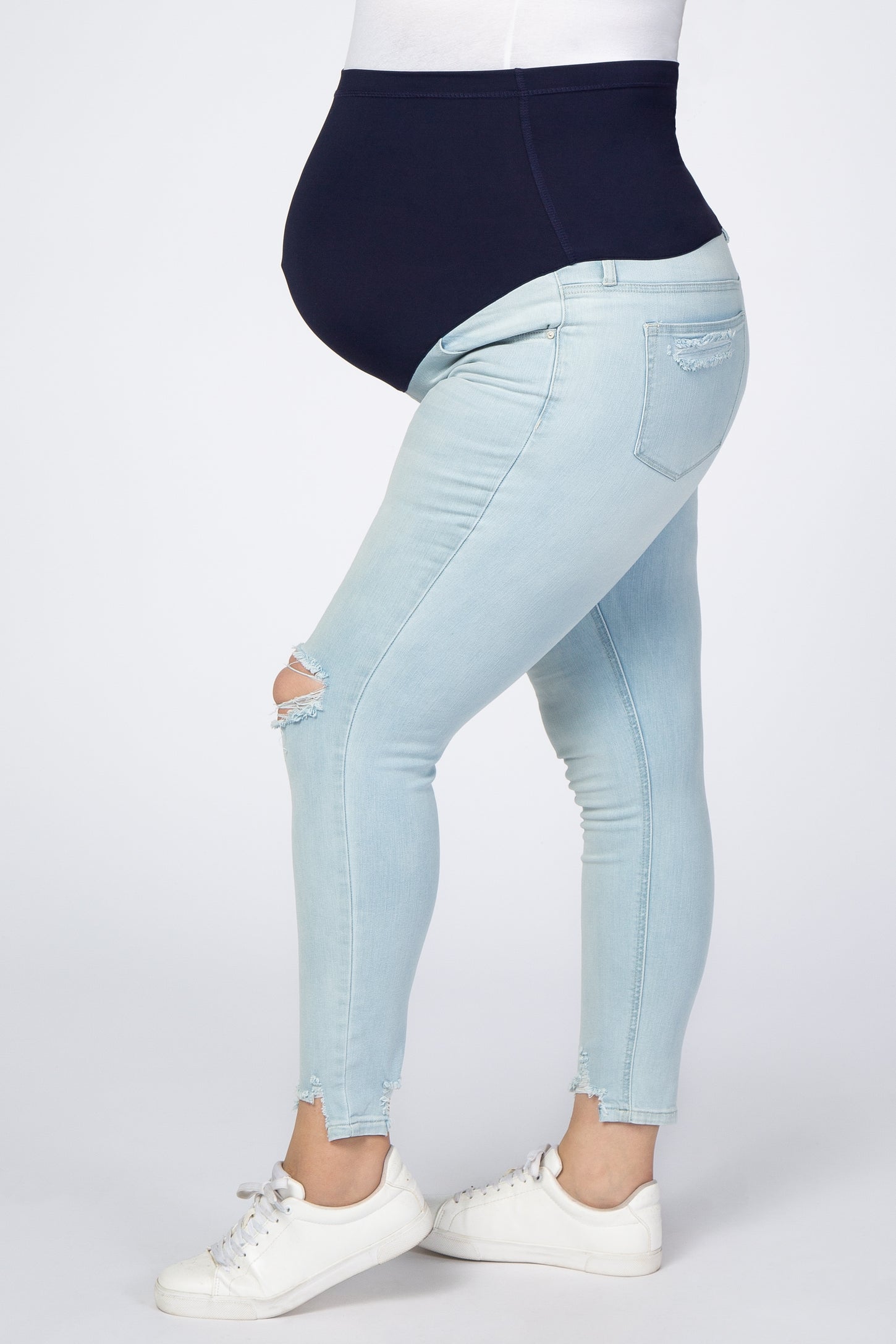 Light Blue Ripped Knee Distressed Hem Maternity Plus Jeans