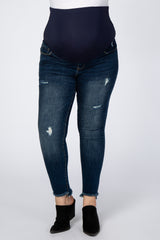 Navy Blue Fray Hem Skinny Maternity Plus Jeans