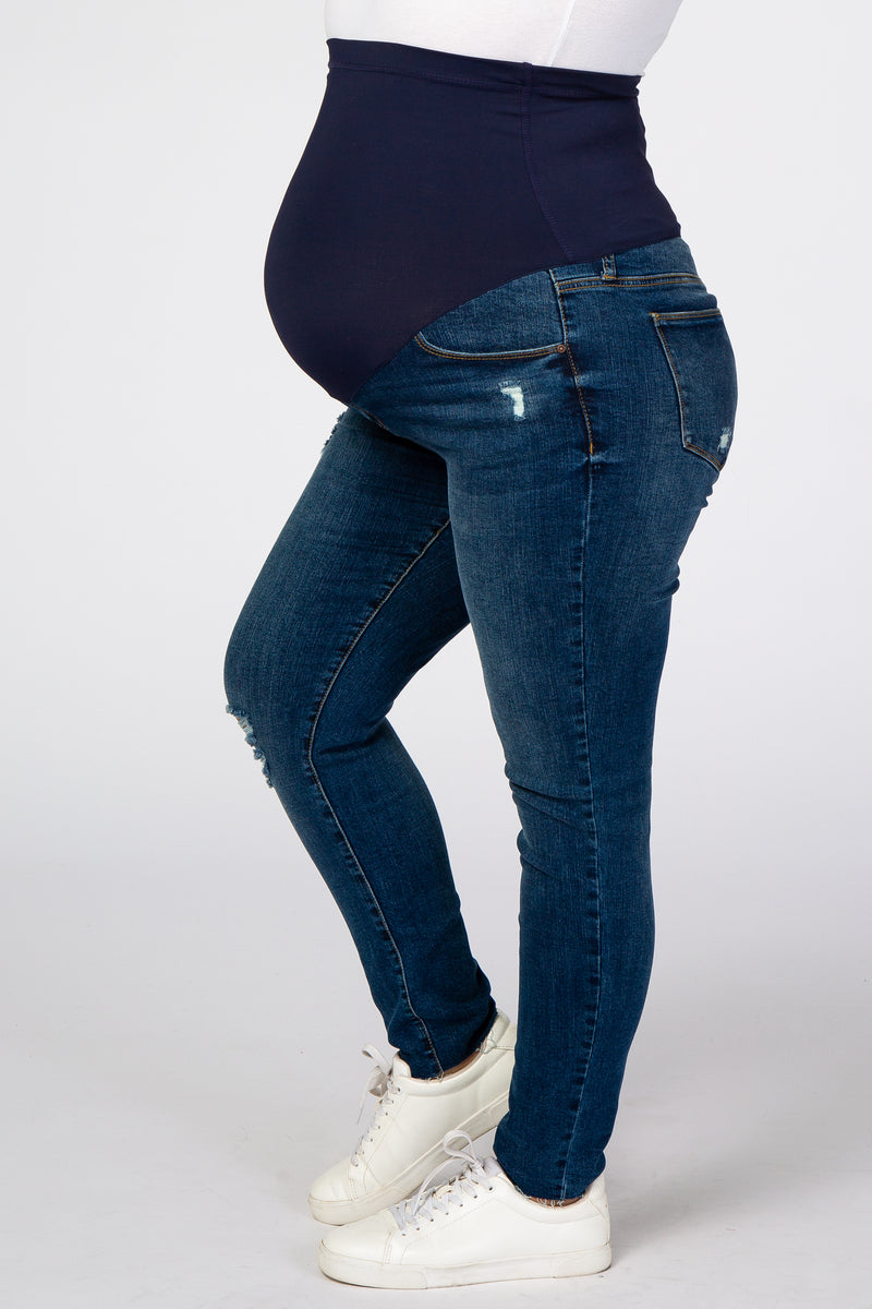 Navy Blue Distressed Skinny Maternity Plus Jeans– PinkBlush