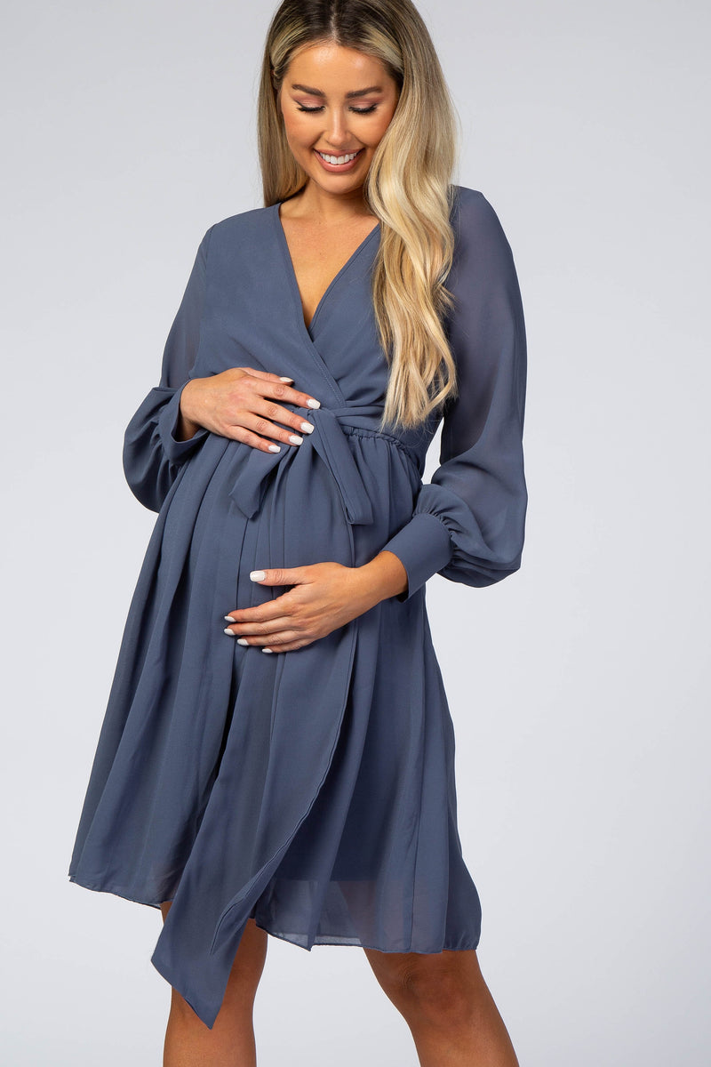 Dusty Blue Chiffon Maternity Wrap Dress – PinkBlush