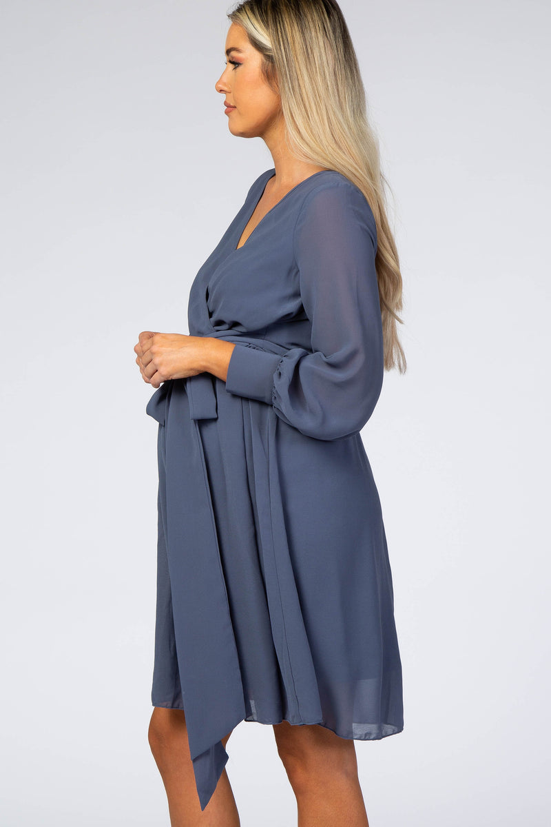 Dusty Blue Chiffon Maternity Wrap Dress – PinkBlush