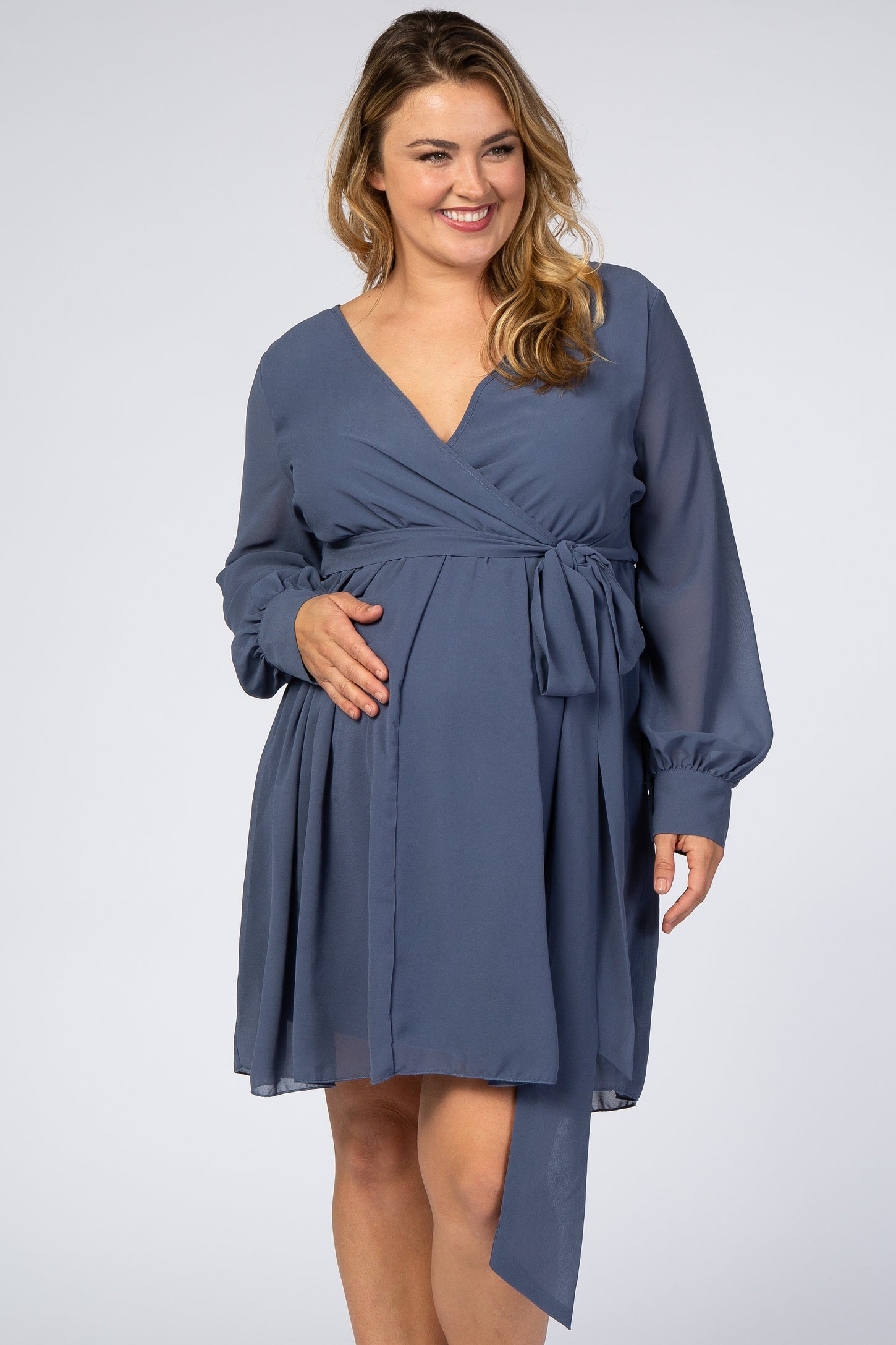 Dusty Blue Chiffon Plus Maternity Wrap Dress