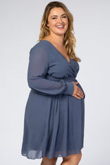 Dusty Blue Chiffon Plus Maternity Wrap Dress