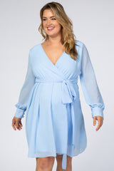 Light Blue Chiffon Plus Maternity Wrap Dress