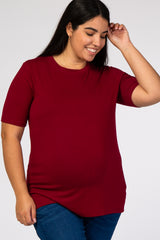Burgundy Solid Short Sleeve Plus Maternity Top