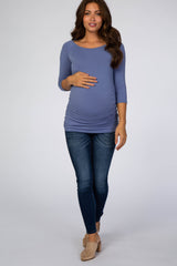 Blue Basic Ruched Fitted Maternity Top