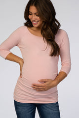 Light Pink Basic Ruched Fitted Maternity Top