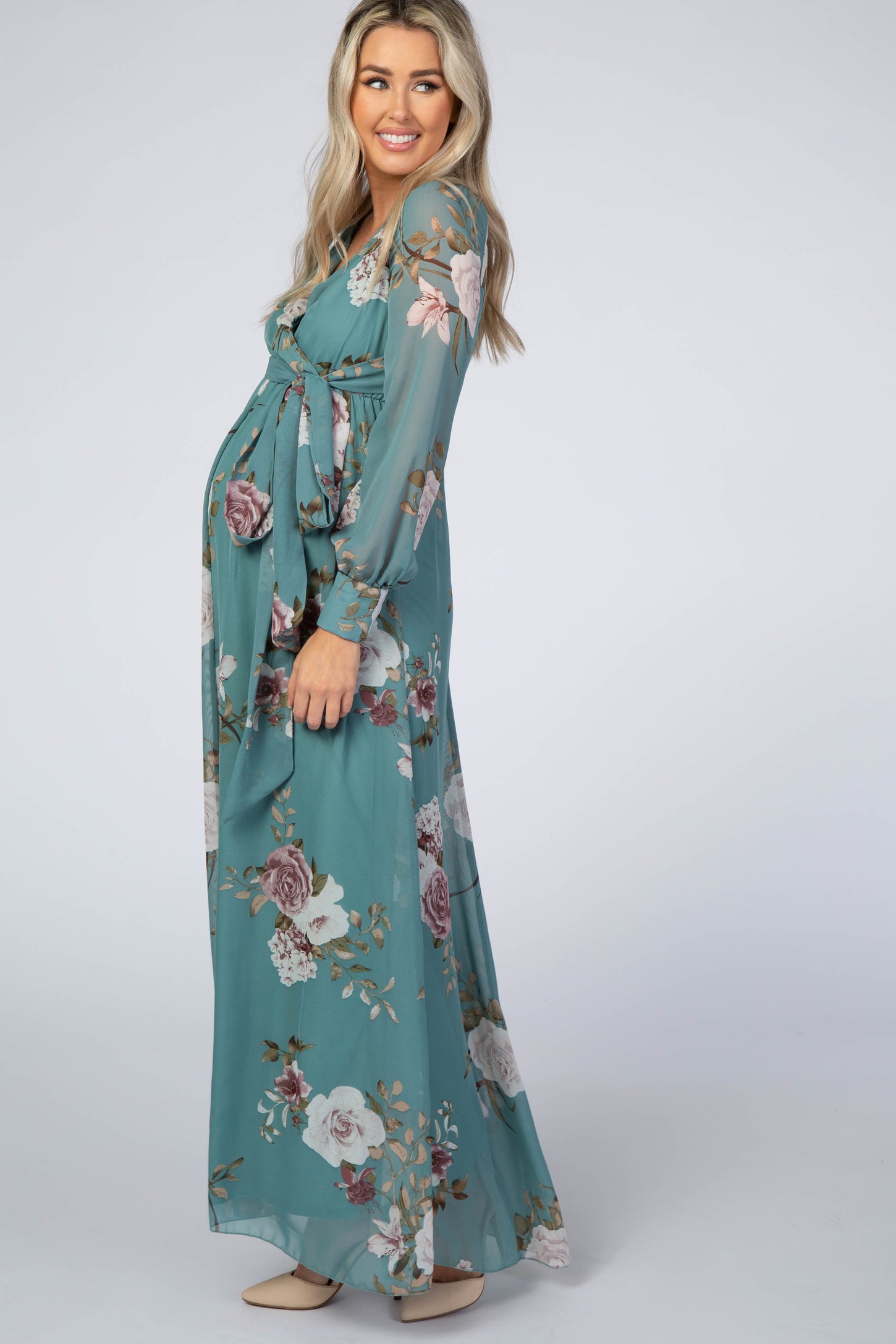 Teal Floral Chiffon Maternity Maxi Dress– PinkBlush