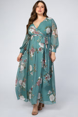 Teal Floral Chiffon Maternity Plus Maxi Dress