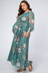 Teal Floral Chiffon Maternity Plus Maxi Dress