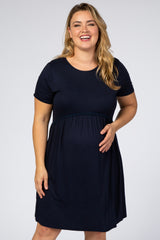 Navy Blue Solid Crochet Trim Maternity Plus Shift Dress