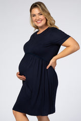 Navy Blue Solid Crochet Trim Maternity Plus Shift Dress