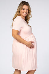 Light Pink Solid Crochet Trim Maternity Plus Shift Dress