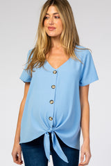 Light Blue Button Tie Front Maternity Top