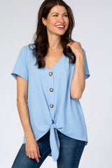 Light Blue Button Tie Front Maternity Top
