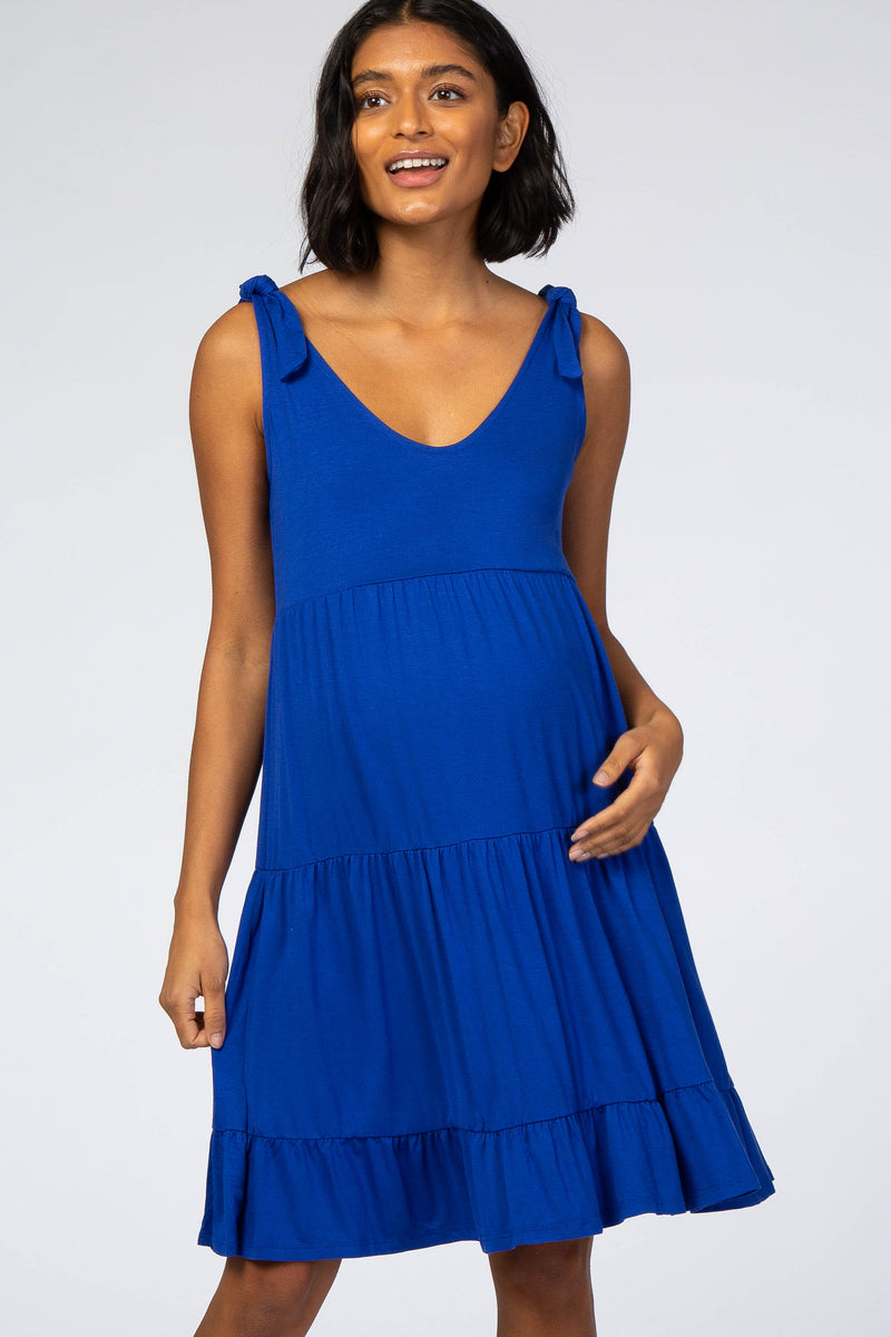 Royal Blue Knotted Strap Tiered Maternity Dress– PinkBlush