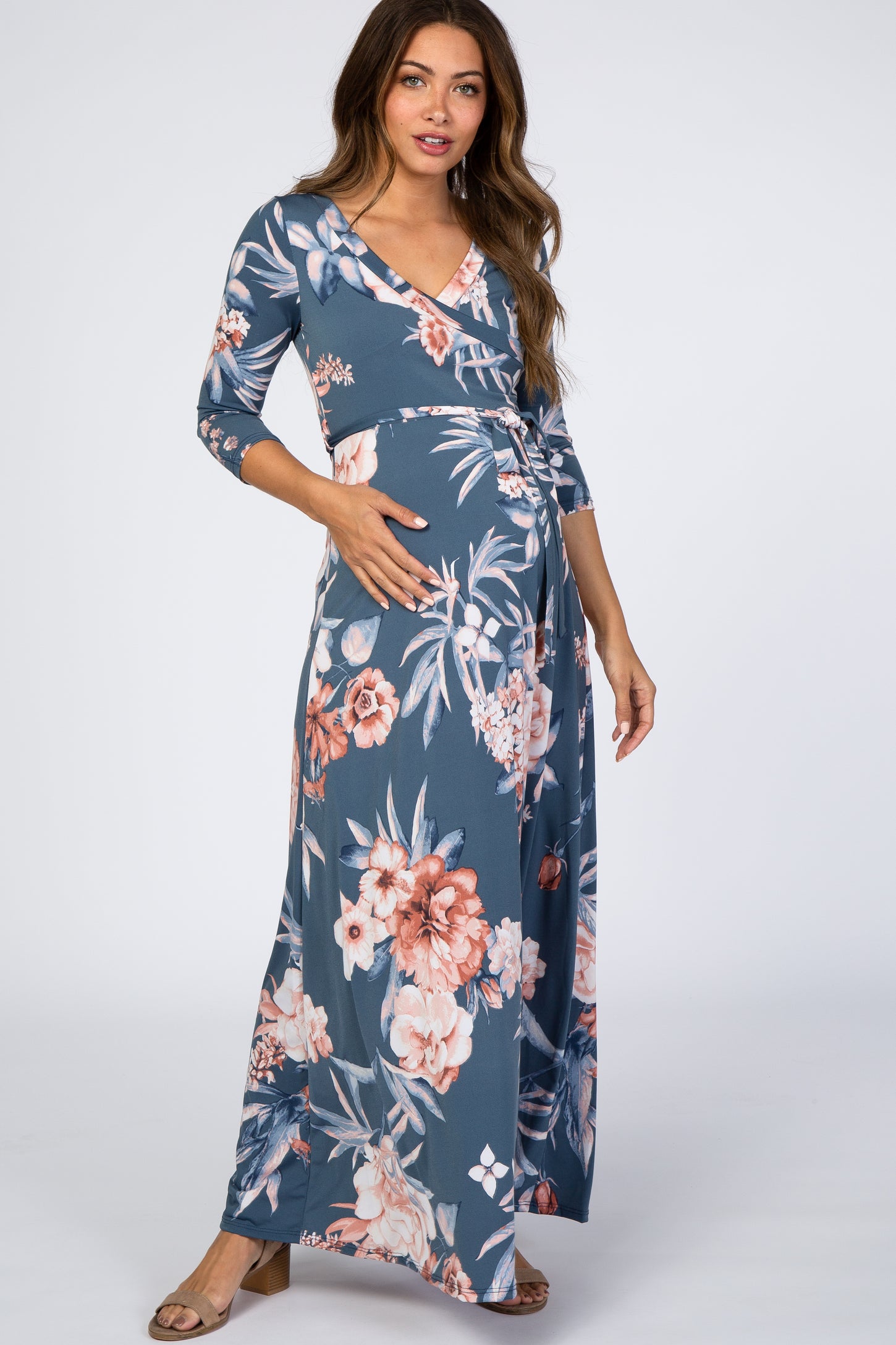Blue Pink Floral Wrap Maternity Maxi Dress – PinkBlush