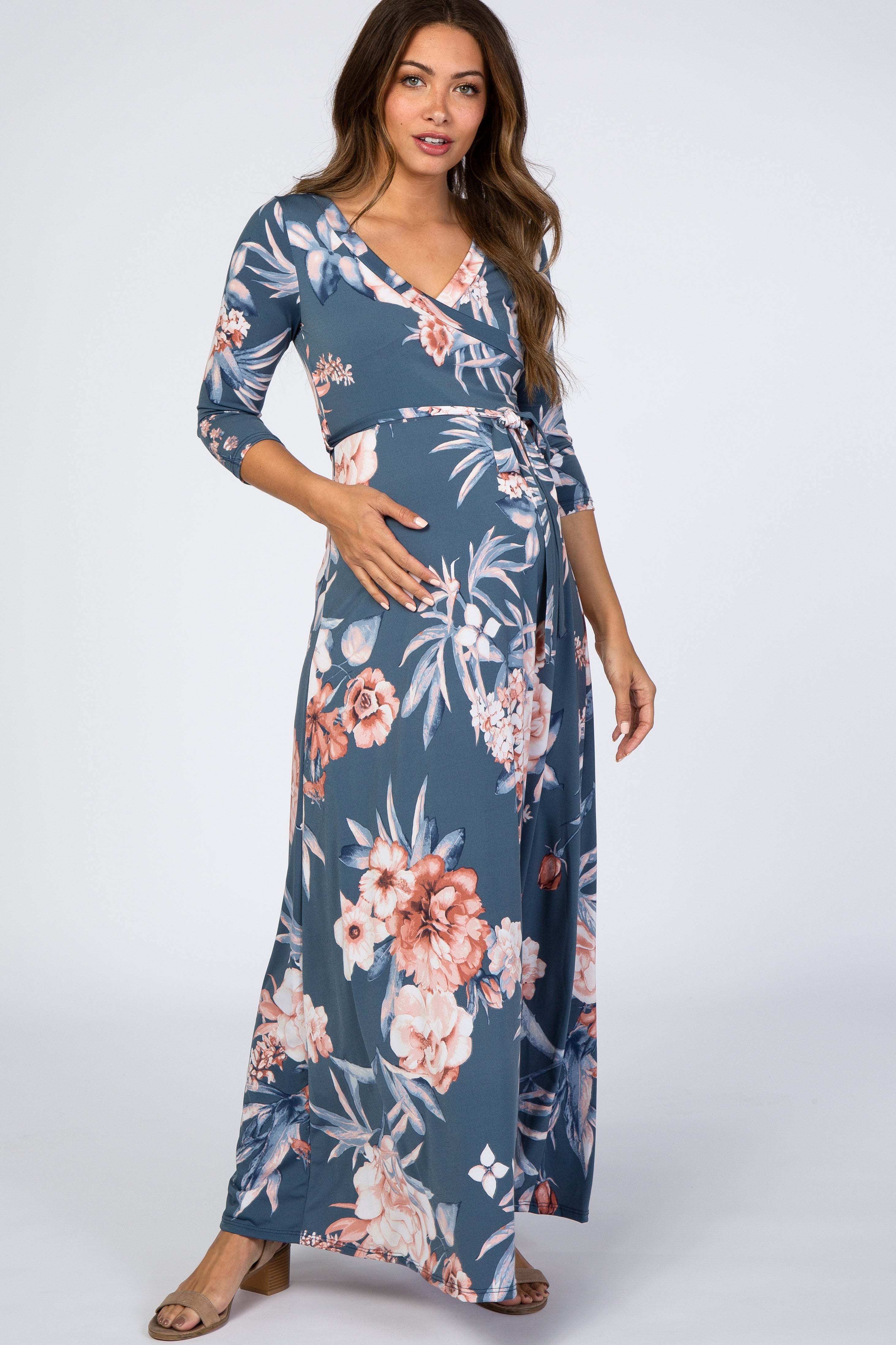 pink and blue dress maternity Angel Maternity Amber Maternity Baby Shower Dress in Lapis Blue
