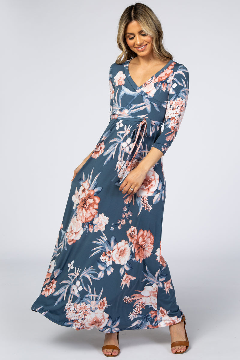Blue Pink Floral Wrap Maxi Dress– PinkBlush