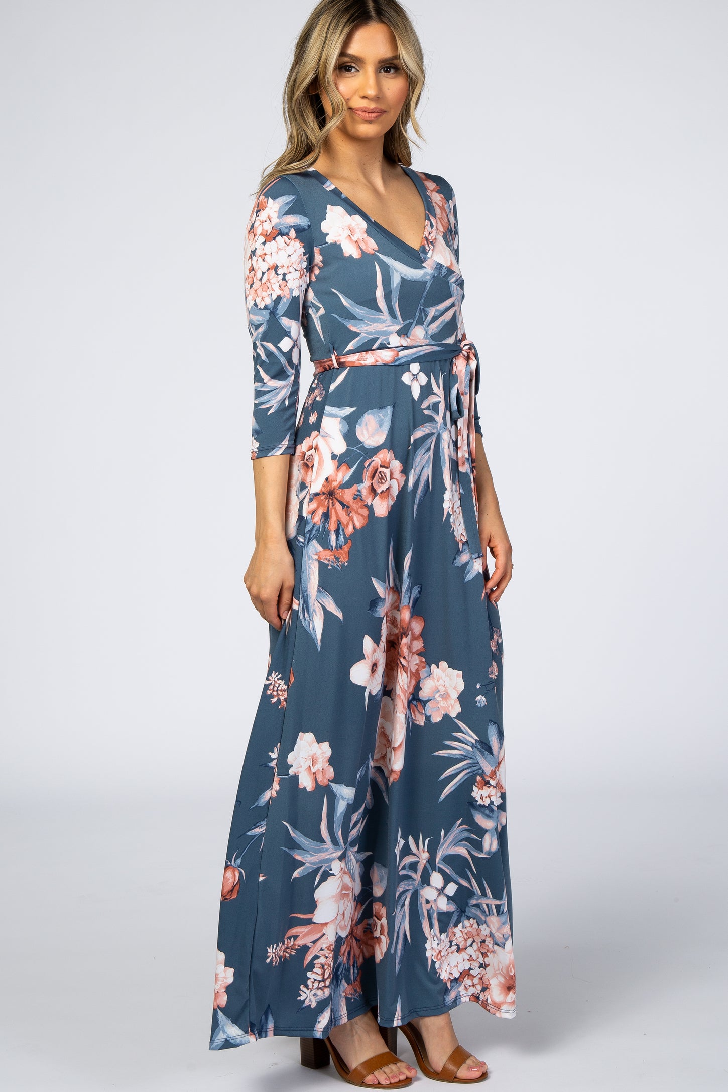 Blue Pink Floral Wrap Maxi Dress PinkBlush Blue Pink Floral Wrap Maxi Dress PinkBlush