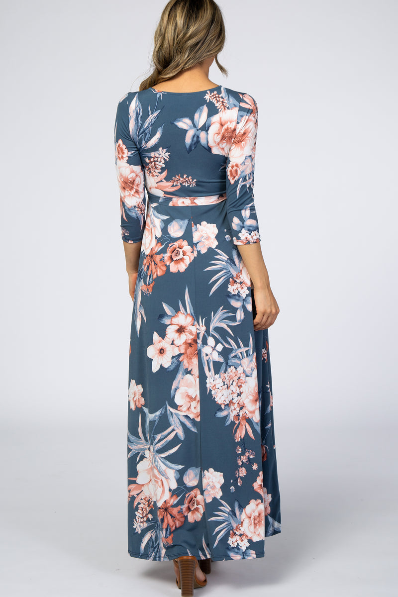 Blue Pink Floral Wrap Maxi Dress– PinkBlush