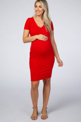 Red Ribbed Maternity Dress