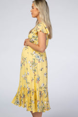 Yellow Floral Flounce Sleeve Midi Maternity Dress