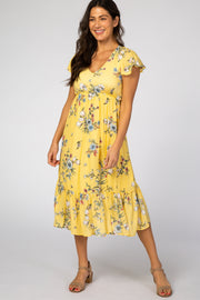 Yellow Floral Flounce Sleeve Midi Dress