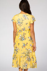 Yellow Floral Flounce Sleeve Midi Dress