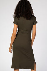 Olive Fitted Short Sleeve Maternity Midi Dress