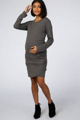 Grey Long Sleeve Wrap Hem Fitted Maternity Dress