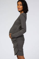 Grey Long Sleeve Wrap Hem Fitted Maternity Dress