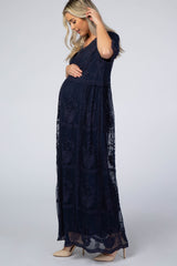 Navy Lace Overlay Maternity Maxi Dress